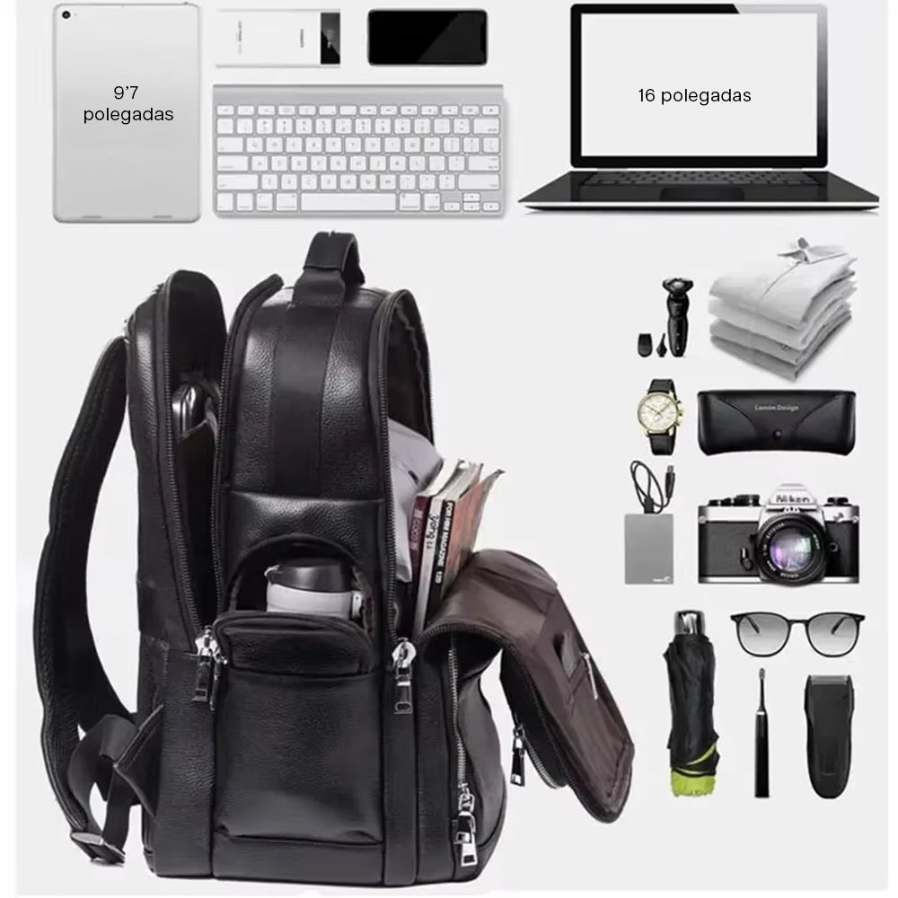 Mochila Executiva de Couro Legítimo Preto Hephaestus