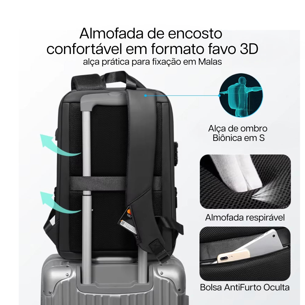 Mochila AntiFurto Impermeável Porta USB Expansível 20L a 35L