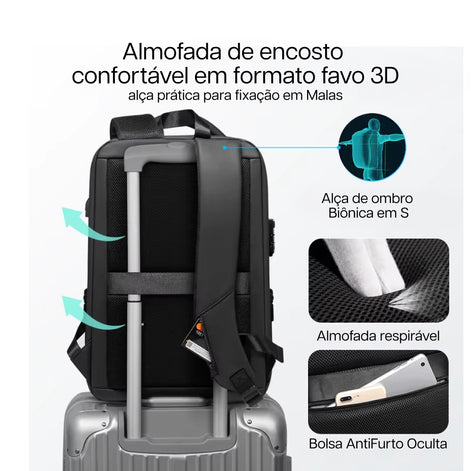 Mochila AntiFurto Impermeável Porta USB Expansível 20L a 35L