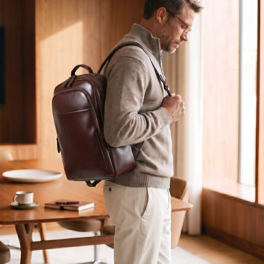 Mochila de Couro Legítimo Masculina Notebook 16 polegadas