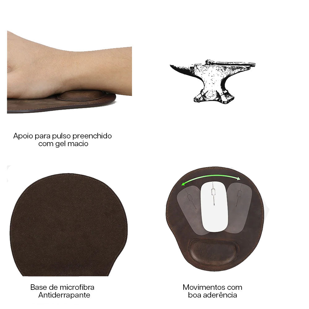 Mousepad em Couro Legítimo com Descanso para Pulso
