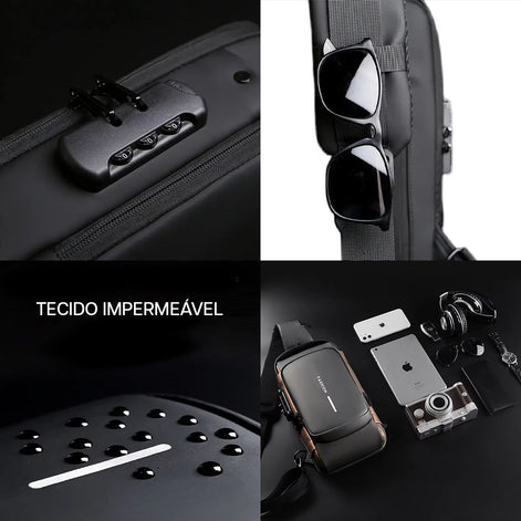 Bolsa Transversal Antifurto Masculino Impermeável Porta USB